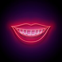 Glow Beautiful Smile with White Teeth and Red Lips. Dentist Clinic Concept Template. Neon Light Poster, Flyer, Banner, Signboard. Glossy Background. Vector 3d Illustration