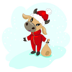 Cute bull dressed as santa claus with bag of gifts. Cow Print for T-shirt, sweater, notepad. Symbol of  new year and christmas. 