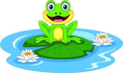 Cartoon frog on a leaf in the pond