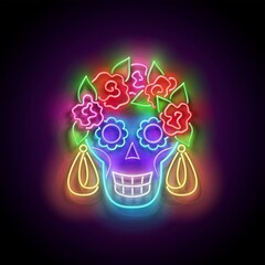 Dia de Los Muertos Greeting Card Template with Sugar Skull, Catrina Calavera. Day of the Dead Postcard. Shiny Neon Poster, Flyer, Banner, Postcard. Glossy Background. Vector 3d Illustration