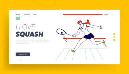 Obraz na płótnie Canvas Girl Play Squash pr Big Tennis on Court Landing Page Template.. Sportswoman Character Hold Racket Hitting Ball, Sport