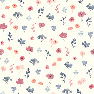 Field wildflowers, watercolor seamless floral pattern with little flowers and leaves. Nature illustration on ivory background.