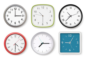 Realistic clocks. Modern wall clocks business chronometer dial arrows light and dark templates. Collection clock office, time watch realistic illustration