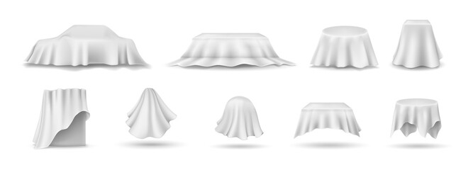 Set of draped table covers. Realistic hanging napkin, tablecloth, curtain.