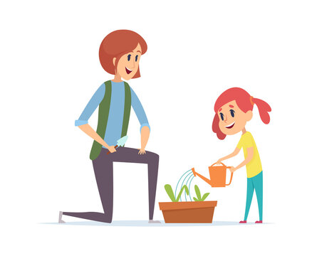 Gardening time. Woman girl planting grass and watering with water can. Little baby and mother working in garden vector illustration. Mother and daughter plants green flower