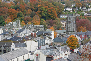 An aerial view of the market town of Tavistock, Devon UK,  on the edge of Dartmoor National Park,...