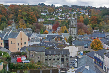 An aerial view of the market town of Tavistock, Devon UK,  on the edge of Dartmoor National Park, dominated by the fifteenth century parish church of  St Eustachius © pjhpix