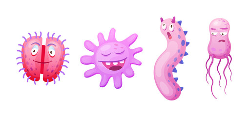 Microorganism, bacteria, microbes, cute germs, virus cell, bacillus with funny smiley faces. Viruses bacteria emoticon, microbe monsters smiling pathogen microbes coronavirus cartoon characters