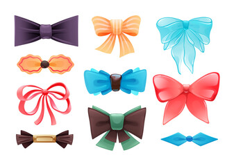 Fashion colorful tie bow accessories cartoon with tied ribbons for Christmas invitation. Color silk bow for lady and gentleman for gift birthday, holiday, theatre, circus set vector