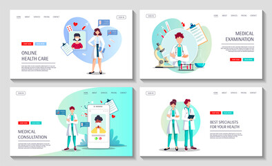 Set of web pages for Medical consultation, Online doctor, Laboratory diagnostic, Medicine clinic and health care. Vector illustration for poster, banner, website, presentation.