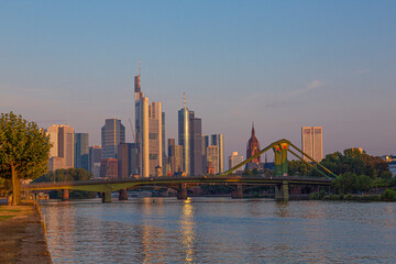 View in Frankfurt skyline at a sunny morning with reflections in the glass facades