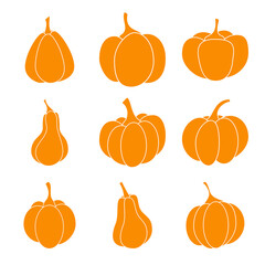 Set of orange pumpkin vector icon. Symbol of Halloween, Thanksgiving Day. Isolated vegetable on a white background.