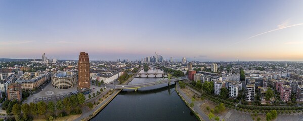 Panoramic drone picture of the Frankfurt skyline in the morning time
