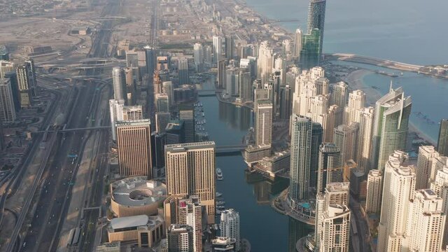 Aerial view of Dubai Marina during sunrise