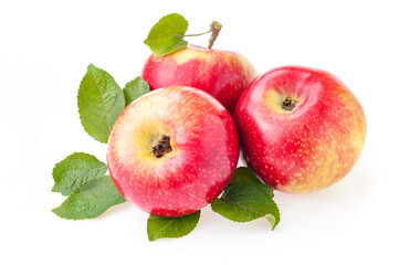 Ripe red apples with leaf on white background isolate