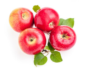 top view red apples with green leaves isolate on white background.
