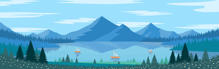 Vector illustration of beautiful nature mountain lake panoramic view in flat cartoon style.
