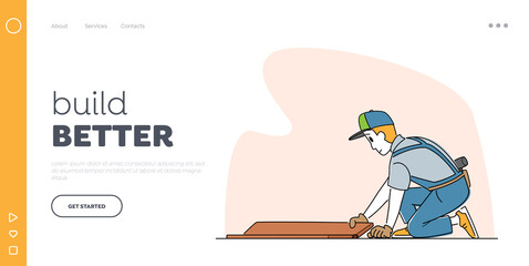 Home Renovation and Repair Carpentry Works Landing Page Template. Laminate Flooring Service. Worker Character with Tools