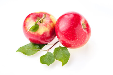 two red apples with leaf on white background isolate