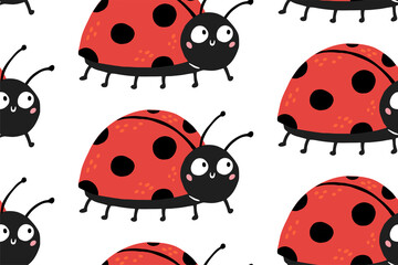 Obraz premium Seamless pattern with cute ladybugs with funny surprised eyes. Vector illustration can be used for fabric, wrapping, wallpapers, web page backgrounds, textile.