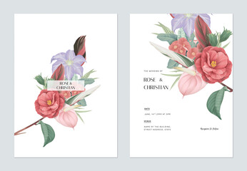 Floral wedding invitation card template design, various types of flowers and leaves bouquet