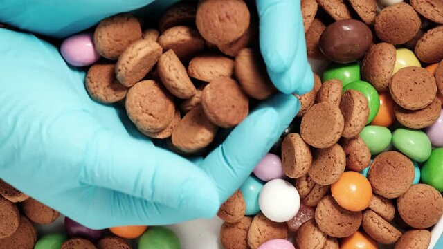 Dutch cookies kruidnoten, pepernoten in hands in blue medical gloves. Dutch holiday Sinterklaas Saint Nicholas day during covid-19 pandemic in the Netherlands, concept
