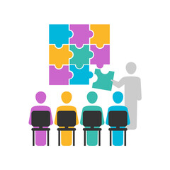 Vector presentation icon - speaker demonstrating colorful puzzles on whiteboard and group of people silhuettes sitting on chairs - business concept