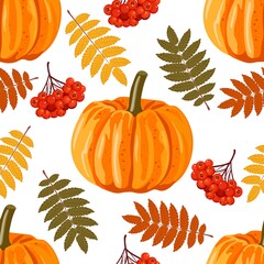 Seamless pattern with leaves, pumpkins and rowan berries. Vector autumn background.