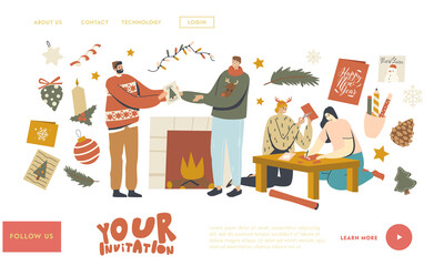 Characters Making and Giving Christmas Greeting Cards Landing Page Template. Xmas Holidays Celebration, r Festive Season