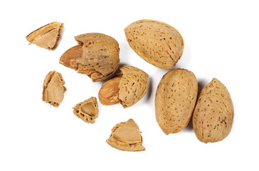 Almond nuts in shells, kernels isolated on white background, top view