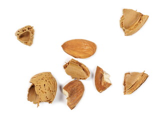 Almond nut with broken shell, kernel isolated on white background, top view