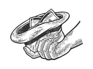 beggar hand with hat and money sketch engraving vector illustration. T-shirt apparel print design. Scratch board imitation. Black and white hand drawn image.