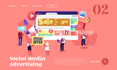Characters Give Ads in Social Networks Landing Page Template. People at Huge Web Page with Ad Offers. Alert Advertising