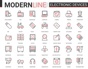 Electronic devices flat icon vector illustration set. Red black thin line computer game accessories and kitchen appliances collection of outline electronically symbols for gadget or kitchenware store