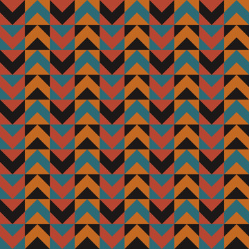 Retro geometric vintage seamless vector pattern illustration. Brown, blue, black arrows with optical illusion. © jozefmicic