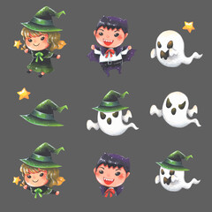 Halloween kid cartoon clipart. Cute little character illustration. Vampire, witch and ghost. Watercolor painting style vector illustration. Halloween festival. Decoration and pattern.