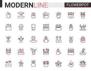Flower pots for home garden flat thin red black line icon vector illustration set. Flowerpots outline pictogram gardening decoration symbols, linear florist decor collection with potted plants or tree