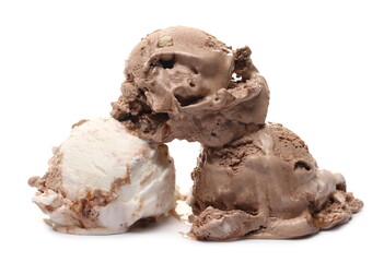 Chocolate, nougat and hazelnut ice cream balls isolated on white background