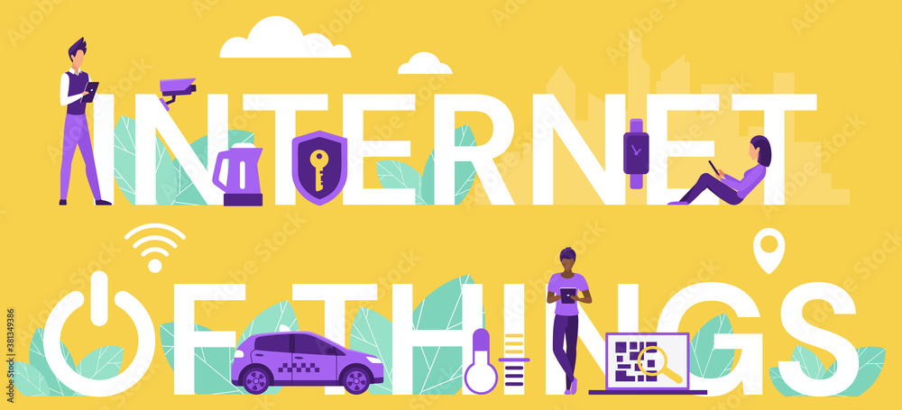Poster internet of things lettering vector illustration. cartoon flat iot concept with smartphone remote co