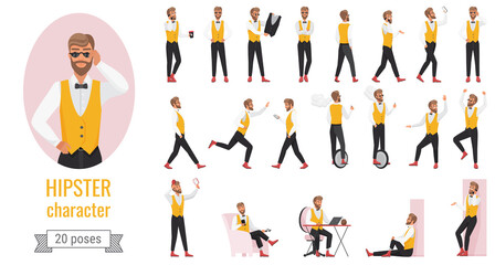 Hipster character poses infographic vector illustration set. Cartoon flat young bearded hipster man in yellow vest, walking with smartphone, working on laptop in different postures isolated on white