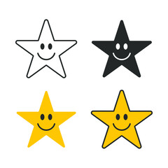 Smiling star face vector icon symbol. Yellow smile button sign. Simple flat shape happy emotion logo. Isolated on white background.
