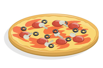 Flavorful pizza isolated on a white background. Vector illustration in flat cartoon style. Pizza with mushrooms, salami sausage and olives with red sauce..