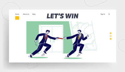 Leadership, Teamwork Goal Achievement, Corporate Team Competition Landing Page Template. Business Men Relay Race