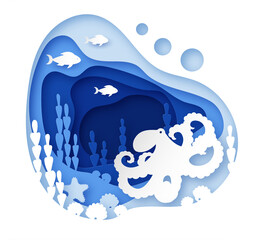 Landscape with an octopus at the bottom of the ocean with algae, fish, shells and jellyfish. Marine multi-layer design of the underwater world. Paper cut style. Vector