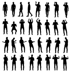 Collection of different business man silhouettes. Cheering excited as fan, using touch screen interface or presenting and welcoming.  Easy editable vector isolated on white background.