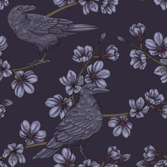 seamless pattern with crows and dark flowers - 381350955