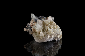 macro stone mineral Calcite Galena pyrite on a black background