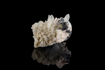 macro stone mineral Calcite Galena pyrite on a black background