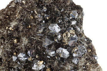 macro stone mineral Quartz Sphalerite Galena pyrite on a white background