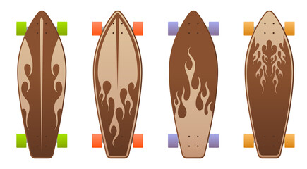 Wooden skate boards with flame design collection.Vector skateboard illustrations from skateboard and longboard collection.